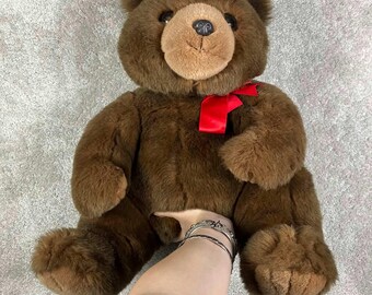 Ty Teddy Bear Plush Brown Bear 17" 1990 Vintage Red Bow Plush Red Ribbon Bow