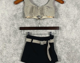 Vintage 1950s Zweiteiler Badeanzug Gestreift Gürtel Hohe Taille Bikini Schwarz Bräunlich
