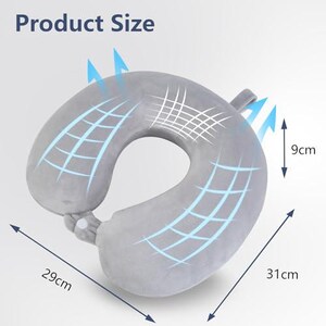 May include: A gray travel neck pillow with dimensions of 29cm x 31cm x 9cm. The pillow has a U-shape design and is made of a soft material. The text "Product Size" is visible in the image.