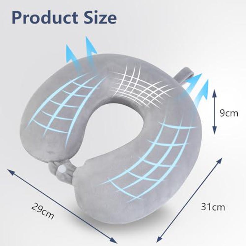 May include: A gray travel neck pillow with dimensions of 29cm x 31cm x 9cm. The pillow has a U-shape design and is made of a soft material. The text "Product Size" is visible in the image.