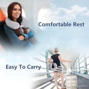 May include: A gray travel neck pillow is shown in two scenarios. One shows a person wearing the pillow on an airplane, and the other shows a person carrying the pillow while walking with a suitcase. The text in the image says "Comfortable Rest" and "Easy To Carry."