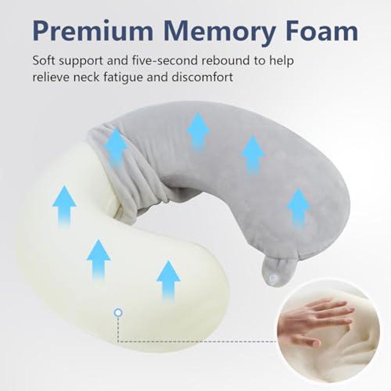 May include: A gray and cream-colored memory foam travel pillow. The pillow is designed to support the neck and has the text "Premium Memory Foam". The image also shows a hand pressing into the pillow.