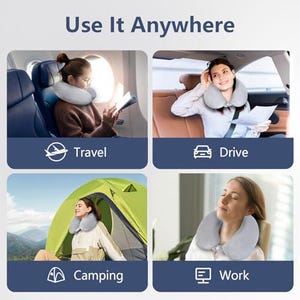 May include: Image shows a travel pillow being used in various settings: airplane, car, camping, and office. The text "Use It Anywhere" is at the top. Each scene features a person wearing a gray neck pillow. The scenes are labeled "Travel", "Drive", "Camping", and "Work".