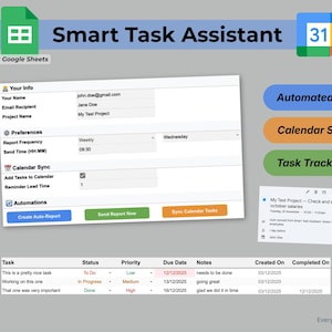 May include: A digital interface for Google Sheets, titled "Smart Task Assistant," with options for automated reports, calendar sync, and task tracking. The interface includes fields for user info, preferences, and a task list.