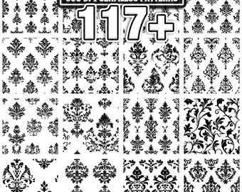 May include: A collection of 12 seamless patterns in black and white. The patterns feature various floral and ornamental designs. The image includes the text "ORNIXA BUNDLE" and "117+" on a black background.