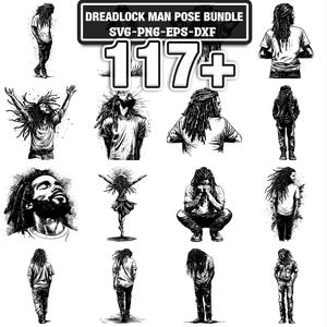 May include: Black and white illustrations of a person with dreadlocks in various poses. The image includes the text "Dreadlock Man Pose Bundle" and "117+" in a bold font. The illustrations are in a line art style.