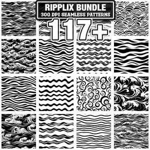 May include: A selection of 117+ black and white seamless patterns, showcasing diverse wave and water-inspired designs. The patterns include stylized waves, swirls, and flowing lines, ideal for digital design projects. The image includes the text "Ripplix Bundle 300 DPI Seamless Patterns".