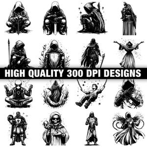 May include: Black and white illustrations of figures in cloaks, some holding weapons or shields. The image includes the text "HIGH QUALITY 300 DPI DESIGNS". The figures are in various poses, some kneeling or sitting.