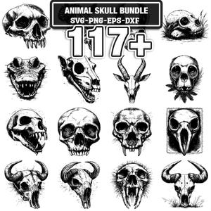 May include: A collection of black and white animal skull illustrations. The image includes various skull types, such as a primate, a crocodile, and a goat. The text "ANIMAL SKULL BUNDLE" and "117+" are displayed at the top.