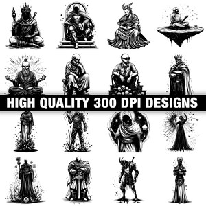 May include: A collection of black and white illustrations featuring various fantasy figures, including kings, demons, and cloaked characters. The phrase "HIGH QUALITY 300 DPI DESIGNS" is displayed across the image.
