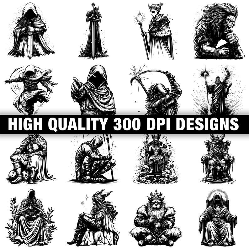 May include: A collection of black and white fantasy illustrations featuring various figures in cloaks, armor, and robes. Some figures hold weapons or magical items. The text "HIGH QUALITY 300 DPI DESIGNS" is displayed across the image.