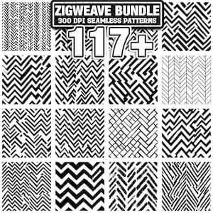 May include: A collection of 16 black and white seamless patterns with geometric designs, including zigzags, chevrons, and linear arrangements. The image includes the text "ZIGWEAVE BUNDLE" and "300 DPI SEAMLESS PATTERNS" and the number "117+".