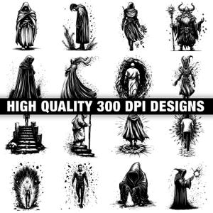 May include: A collection of black and white illustrations featuring figures in cloaks, robes, and fantasy attire. The designs include a wizard with a staff, a figure ascending stairs, and a person walking towards light. Text reads "HIGH QUALITY 300 DPI DESIGNS."
