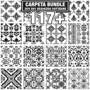 May include: A collection of 16 black and white seamless patterns with floral and geometric designs. The image includes a banner that reads "CARPETA BUNDLE 300 DPI SEAMLESS PATTERNS" and the number "117+".