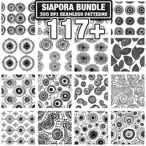 Pode incluir: Uma coleção de 12 padrões sem costura em preto e branco com vários designs circulares e de pontos. A imagem inclui uma faixa que diz "SIAPORA BUNDLE" e "300 DPI SEAMLESS PATTERNS" com o número "117+".