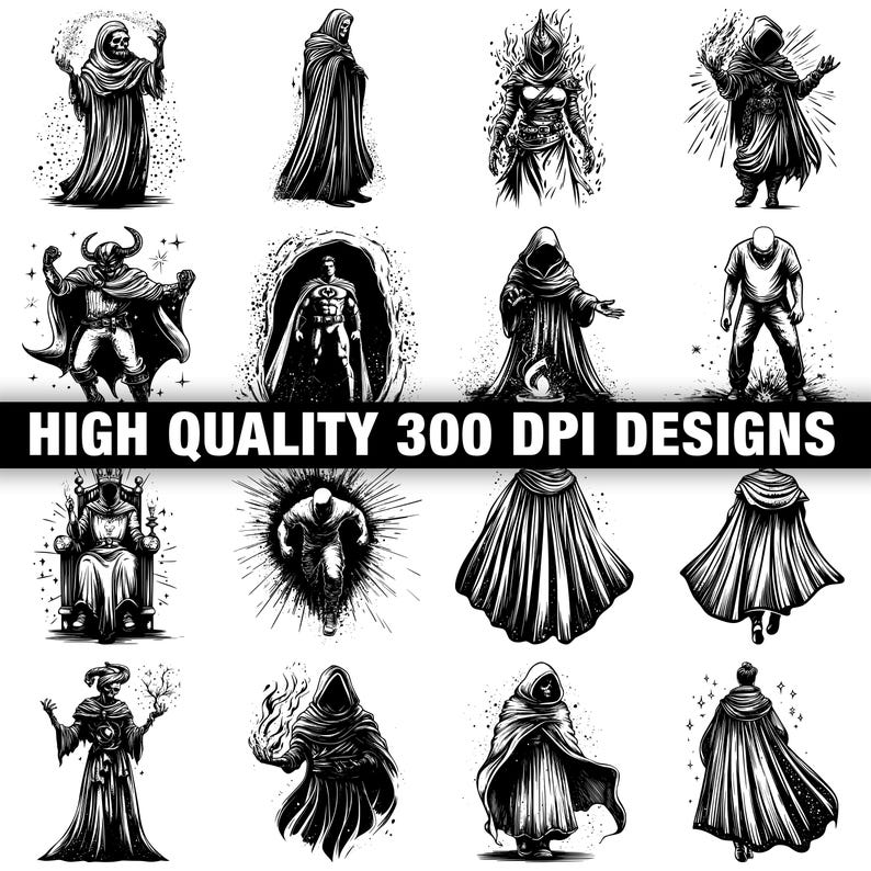 May include: Black and white illustrations of fantasy figures, including cloaked characters, a superhero, and a figure on a throne. The text "HIGH QUALITY 300 DPI DESIGNS" is displayed across the image.