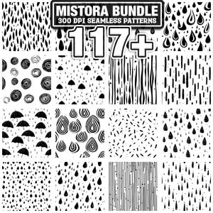 May include: A collection of 16 black and white seamless patterns. The patterns include rain drops, umbrellas, and abstract designs. The text "MISTORA BUNDLE" and "117+" are displayed at the top of the image.
