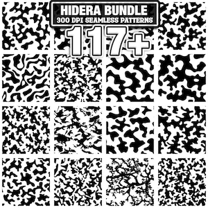 May include: A collection of 12 black and white seamless patterns. The patterns include organic shapes, abstract designs, and a tree branch silhouette. The image also includes the text "HIDERA BUNDLE" and "300 DPI SEAMLESS PATTERNS" and "117+".