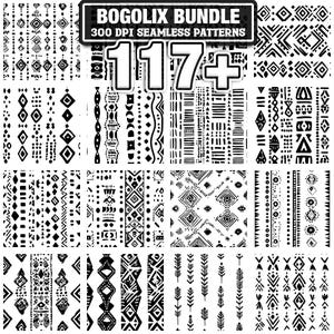 Op de afbeelding: Een verzameling van 16 zwart-witte naadloze patronen met geometrische en tribale ontwerpen. De patronen bevatten verschillende vormen en arrangementen, met de tekst "BOGOLIX BUNDLE" en "117+" zichtbaar bovenaan.