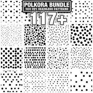 Pode incluir: Uma coleção de 12 padrões de bolinhas sem costura em preto e branco. A imagem inclui o texto "POLKORA BUNDLE 300 DPI SEAMLESS PATTERNS" e "117+". Os padrões variam em tamanho e densidade de pontos, adequados para design digital e artesanato.
