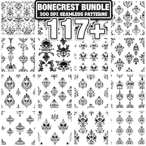 Può includere: Una collezione di motivi senza cuciture in bianco e nero con disegni gotici e teschi. L'immagine include un banner con la scritta "BONECREST BUNDLE" e "300 DPI SEAMLESS PATTERNS" con il numero "117+". I motivi presentano motivi damascati e teschi ornati.