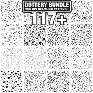 May include: A collection of 16 black and white seamless patterns. The patterns include dots, dashes, spirals, and heart shapes. The image also includes the text "DOTTERY BUNDLE 300 DPI SEAMLESS PATTERNS" and "117+".