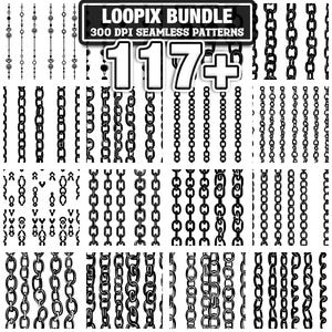 May include: A collection of black and white seamless chain patterns. The image includes various chain designs, with the text "LOOPIX BUNDLE 300 DPI SEAMLESS PATTERNS" and "117+" displayed at the top.