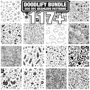 Könnte beinhalten: Eine Sammlung von 16 nahtlosen Schwarz-Weiß-Mustern. Die Muster umfassen Kritzeleien, Wirbel, Wolken und andere skurrile Designs. Das Bild enthält auch den Text "DOODLIFY BUNDLE 300 DPI SEAMLESS PATTERNS" und "117+".