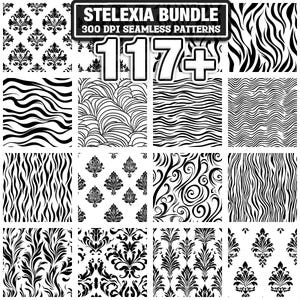 May include: A collection of 117+ seamless patterns in black and white. The patterns include damask, floral, and abstract designs. The image features a variety of textures, including zebra stripes and swirling lines. The text "STELEXIA BUNDLE" is displayed at the top.