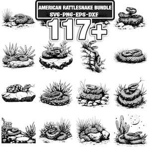 Puede incluir: Ilustraciones en blanco y negro de serpientes de cascabel americanas en varias poses, con plantas del desierto y rocas. La imagen incluye el texto "AMERICAN RATTLESNAKE BUNDLE" y "117+" en una pancarta.