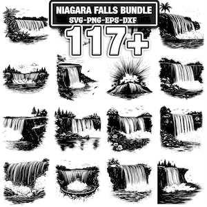 May include: A black and white illustration bundle featuring multiple depictions of Niagara Falls. The images include various views of the waterfalls, with detailed line work and the text "NIAGARA FALLS BUNDLE" and "117+".