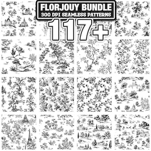 May include: A collection of 16 black and white seamless patterns with a French toile design. The patterns feature various landscape scenes with trees, buildings, and figures. The image includes the text "FLORJOUY BUNDLE" and "117+".