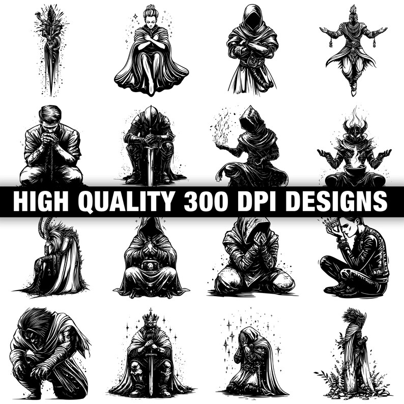 May include: A collection of black and white illustrations featuring figures in various poses, including kneeling, seated, and standing. Some figures are hooded or cloaked, and the text "HIGH QUALITY 300 DPI DESIGNS" is displayed.