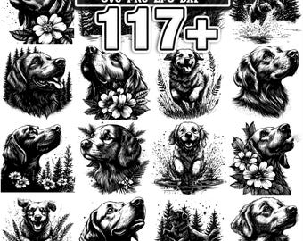 Puede incluir: Un conjunto de gráficos de perros Golden Retriever en blanco y negro. Incluye el texto "GOLDEN RETRIEVER DOG BUNDLE" y "117+". Las ilustraciones muestran varias poses y estilos de la raza.
