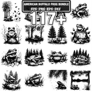 May include: A black and white digital art bundle showcasing frog illustrations in diverse natural environments. The collection includes images of frogs in forests and near water, with the text "AMERICAN BUFFALO FROG BUNDLE" and "117+".