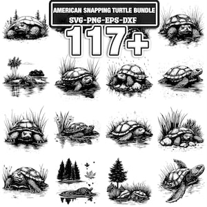 Könnte beinhalten: Ein Schwarz-Weiß-Illustrationspaket mit über 117 Bildern von amerikanischen Schnappschildkröten in verschiedenen Posen und Umgebungen. Die Bilder zeigen Schildkröten im Wasser, Gras und natürlichen Umgebungen. Das Paket enthält SVG-, PNG-, EPS- und DXF-Dateien.