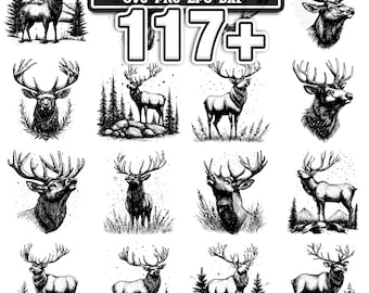 May include: A collection of black and white illustrations of American elk. The images include full body elk, elk heads, and elk in natural settings. The text "AMERICAN ELK BUNDLE SVG-PNG-EPS-DXF" is at the top, with "117+" below.