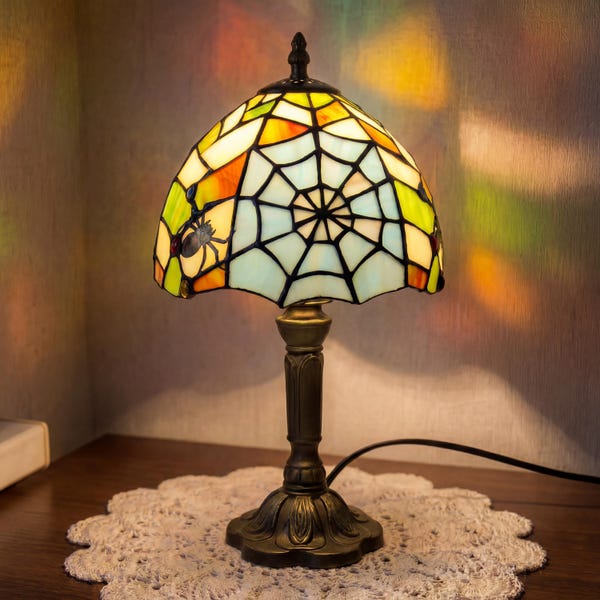 Spider Web Stained Glass Lamp, Tiffany Style Gothic Table Lamp, Halloween Decor, Vintage Bedside & Desk Lamp, Dark Maximalist Home Decor