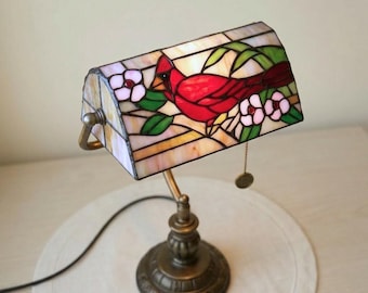 Cardinal Stained Glass Banker Lamp, Tiffany Style Desk Light, Bedroom & Office Decor, Bird Lover Gift, Vintage Reading Lamp
