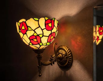 Tiffany Roses Stained Glass Wall Sconce, Tiffany Style Floral Wall Light, Vintage Brass Bedroom & Hallway Decor, Housewarming Gifts
