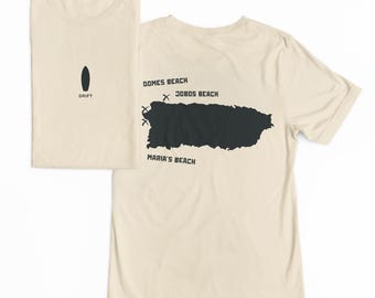 Camiseta con mapa de surf de Puerto Rico DRIFT, Playa Domes, Playa Jobos, Playa Marías, camiseta de surf con gráfico de peso pesado