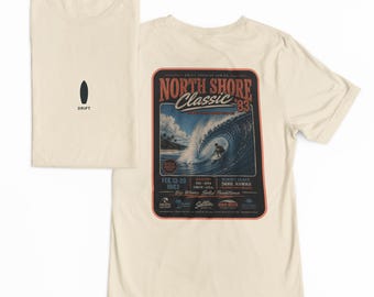Camiseta clásica vintage de North Shore de 1983 con póster de surf / Serie Drift Archive / Camiseta gráfica retro de competición de surf de Hawái