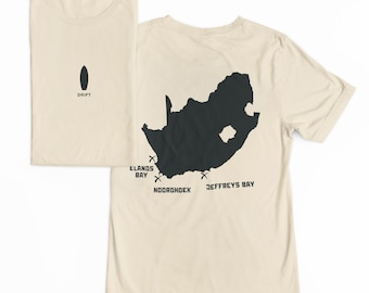 Camiseta con mapa de surf de Sudáfrica DRIFT, Elands Bay, Noordhoek, Jeffreys Bay, camiseta de surf con gráfico de peso pesado