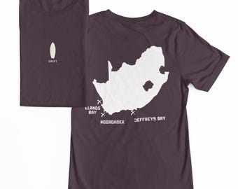 Camiseta con mapa de surf de Sudáfrica: Elands Bay, Noordhoek, Jeffreys Bay.