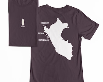 DRIFT Perú Surf Map Tee Máncora Chicama Huanchaco Camisa de surf con gráfico pesado