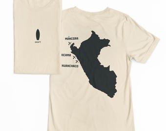 DRIFT Perú Surf Map Tee Máncora Chicama Huanchaco Camisa de surf con gráfico pesado