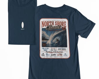 Camiseta clásica vintage de North Shore de 1983 con póster de surf / Serie Drift Archive / Camiseta gráfica retro de competición de surf de Hawái