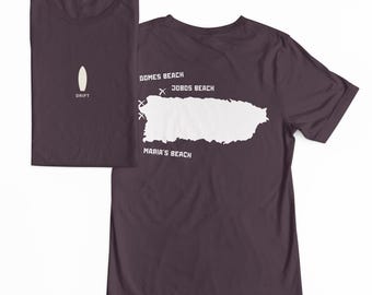 Camiseta con mapa de surf de Puerto Rico: Domes, Jobos, playas de Marías