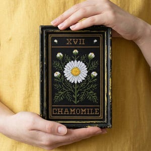 May include: A framed cross-stitch featuring a white and yellow chamomile flower on a black background. The frame is black with gold accents. The text "XVII" is at the top, and "CHAMOMILE" is at the bottom.