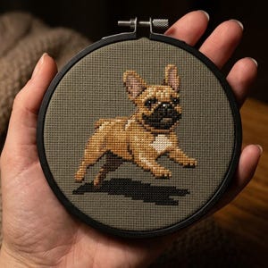 Peut inclure: Broderie au point de croix d'un bouledogue français dans un cercle noir. Le chien est représenté dans des tons bruns et beiges, avec un nez noir et une tache blanche sur la poitrine. Le fond est un tissu vert.